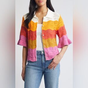 Democracy Women’s Colorful Wave Stripe  Pointelle Cardigan M EUC rainbow twee
